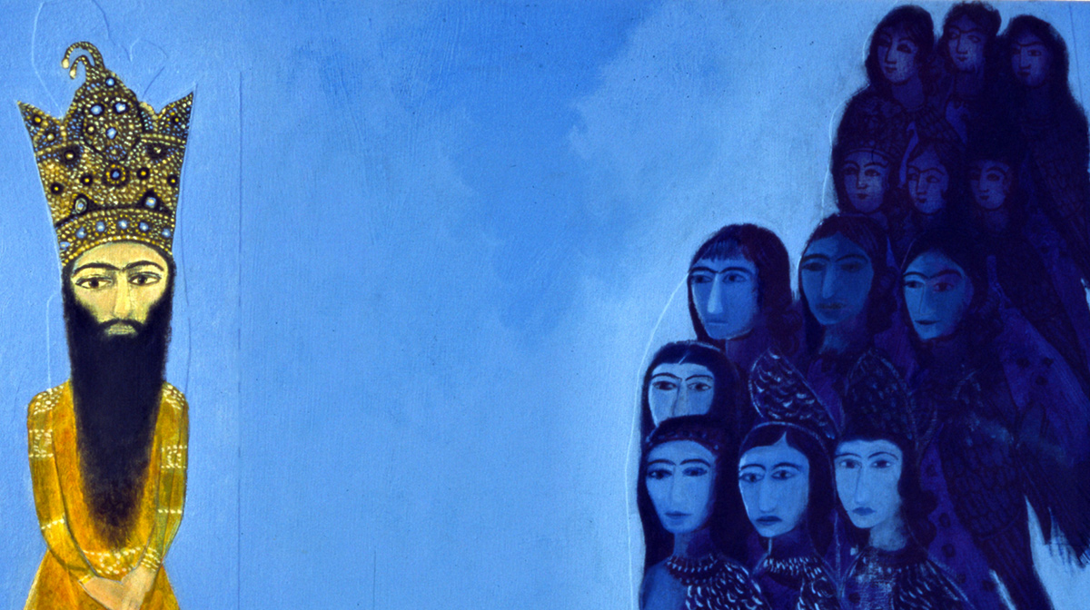 An illustration by Dr. Talinn Grigor of Iranian women portrayed as birds on top of a bright blue background. They are surrounding a bearded man of royalty.